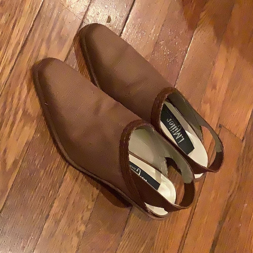 I miller brown canvas sling back short heels